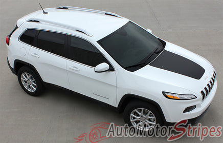 View of 2014-2024 Jeep Cherokee T-Hawk Factory OEM Style Center Hood Blackout Vinyl Decal Graphic Stripes