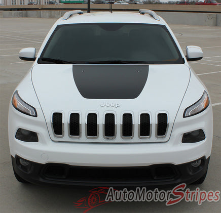 View of 2014-2024 Jeep Cherokee T-Hawk Factory OEM Style Center Hood Blackout Vinyl Decal Graphic Stripes