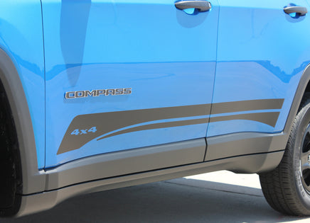 Detailed view of 2017-2025 Jeep Compass Stripes Vinyl Graphics Decals Lower Door Rocker Line Accent 3M Course
