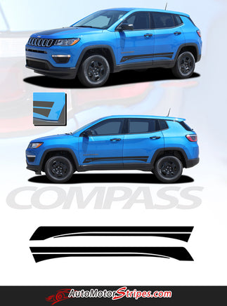Detailed view of 2017-2025 Jeep Compass Stripes Vinyl Graphics Decals Lower Door Rocker Line Accent 3M Course