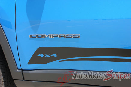 Detailed view of 2017-2025 Jeep Compass Stripes Vinyl Graphics Decals Lower Door Rocker Line Accent 3M Course