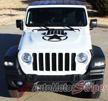 Detailed view of 2021-2026 Jeep Gladiator Alpha Hood Star Decal OEM Factory Style Hood Blackout Vinyl Graphic Stripes