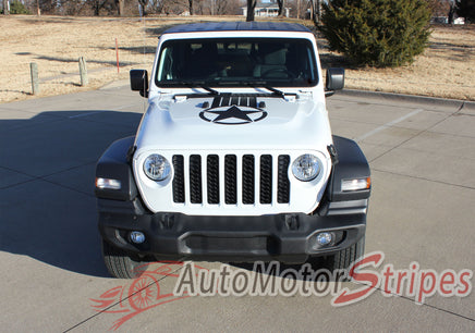 Detailed view of 2021-2026 Jeep Gladiator Alpha Hood Star Decal OEM Factory Style Hood Blackout Vinyl Graphic Stripes