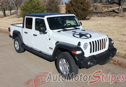 Detailed view of 2021-2026 Jeep Gladiator Legend Hood Star Decal OEM Factory Style Hood Blackout Vinyl Graphic Stripes