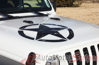 Detailed view of 2021-2026 Jeep Gladiator Legend Hood Star Decal OEM Factory Style Hood Blackout Vinyl Graphic Stripes