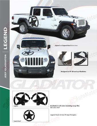 Detailed view of 2021-2026 Jeep Gladiator Legend Hood Star Decal OEM Factory Style Hood Blackout Vinyl Graphic Stripes