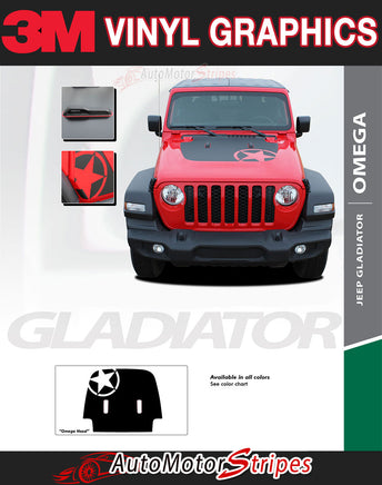 Detailed view of 2021-2026 Jeep Gladiator Omega Hood Star Decal OEM Factory Style Hood Blackout Vinyl Graphic Stripes