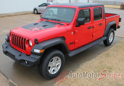 Detailed view of 2021-2026 Jeep Gladiator Omega Hood Star Decal OEM Factory Style Hood Blackout Vinyl Graphic Stripes