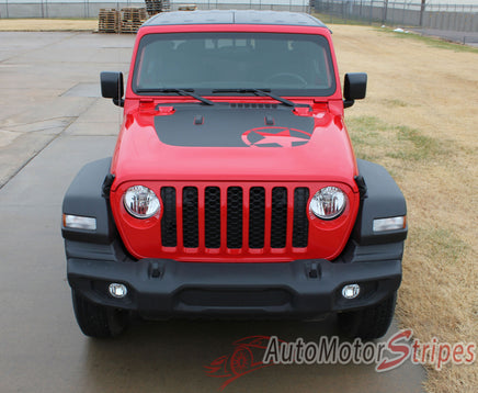 Detailed view of 2021-2026 Jeep Gladiator Omega Hood Star Decal OEM Factory Style Hood Blackout Vinyl Graphic Stripes