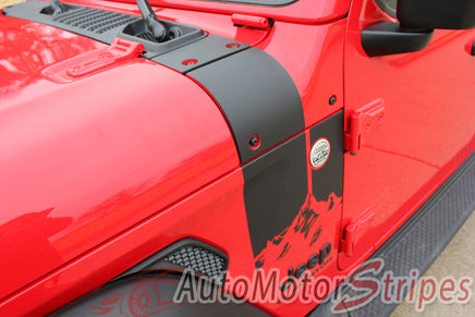 Detailed view of 2021-2026 Jeep Gladiator Side Mountain Decals Cascade Body Vinyl Graphic Stripes Kit