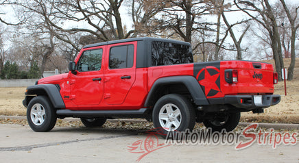 Detailed view of 2021-2026 Jeep Gladiator Side Star Decals Boot Strap Body Vinyl Graphic Stripes Kit