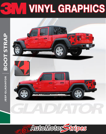 Detailed view of 2021-2026 Jeep Gladiator Side Star Decals Boot Strap Body Vinyl Graphic Stripes Kit