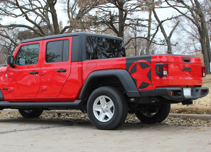 Detailed view of 2021-2026 Jeep Gladiator Side Star Decals Boot Strap Body Vinyl Graphic Stripes Kit