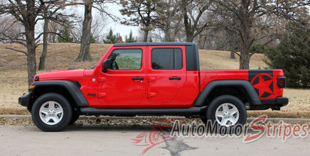 Detailed view of 2021-2026 Jeep Gladiator Side Star Decals Boot Strap Body Vinyl Graphic Stripes Kit