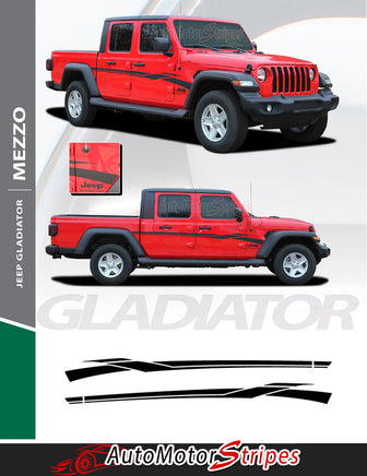 Detailed view of 2021-2026 Jeep Gladiator Side Vinyl Graphics MEZZO Side Decal Factory Style Body Stripes Kit