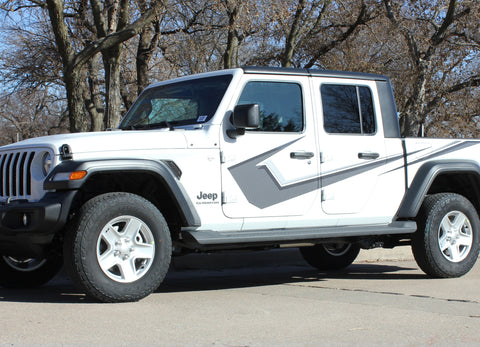 Detailed view of 2021-2025 Jeep Gladiator Side Vinyl Graphics PARAMOUNT DIGITAL Side Decal OEM Factory Style Body Stripes Kit