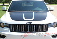 Detailed view of 2011-2021 Jeep Grand Cherokee Trailhawk Hood Decal TRAIL Center Blackout Vinyl Graphic Stripes