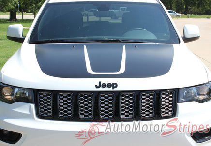 Detailed view of 2011-2021 Jeep Grand Cherokee Trailhawk Hood Decal TRAIL Center Blackout Vinyl Graphic Stripes