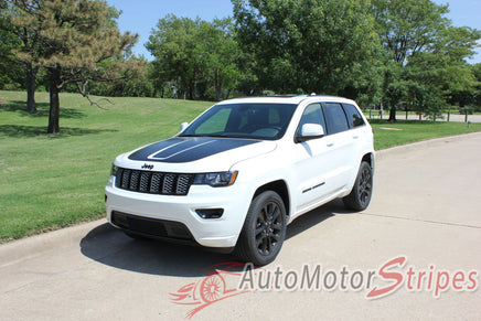 Detailed view of 2011-2021 Jeep Grand Cherokee Trailhawk Hood Decal TRAIL Center Blackout Vinyl Graphic Stripes