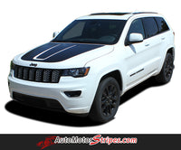 Detailed view of 2011-2021 Jeep Grand Cherokee Trailhawk Hood Decal TRAIL Center Blackout Vinyl Graphic Stripes