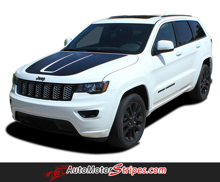 Detailed view of 2011-2021 Jeep Grand Cherokee Trailhawk Hood Decal TRAIL Center Blackout Vinyl Graphic Stripes