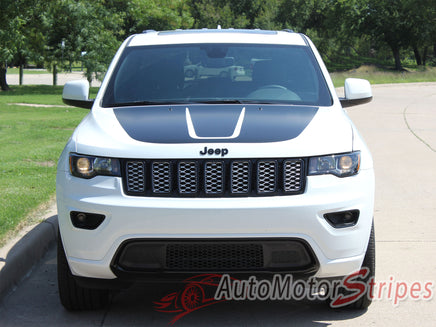 Detailed view of 2011-2021 Jeep Grand Cherokee Trailhawk Hood Decal TRAIL Center Blackout Vinyl Graphic Stripes