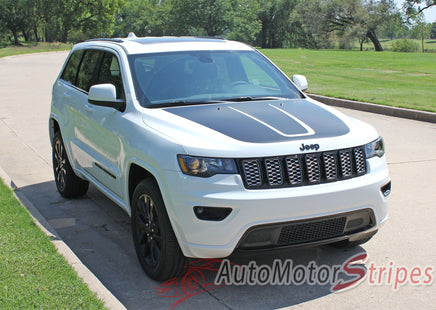 Detailed view of 2011-2021 Jeep Grand Cherokee Trailhawk Hood Decal TRAIL Center Blackout Vinyl Graphic Stripes