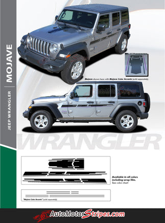 Detailed view of 2018-2026 Jeep Wrangler JL Mojave Side Door Decals and Hood Vinyl Graphic Body Stripes Kit