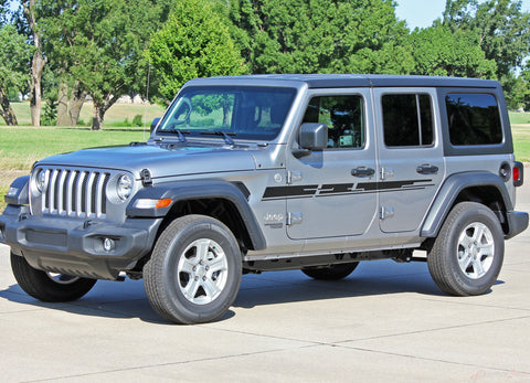 Detailed view of 2018-2026 Jeep Wrangler JL Mojave Side Door Decals and Hood Vinyl Graphic Body Stripes Kit