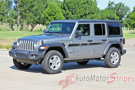 Detailed view of 2018-2026 Jeep Wrangler JL Mojave Side Door Decals and Hood Vinyl Graphic Body Stripes Kit