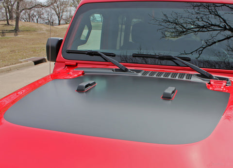 Detailed view of 2018-2026 Jeep Wrangler Sport Hood OEM Factory Style Hood Blackout Vinyl Decal Graphic Stripes