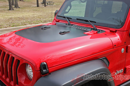 Detailed view of 2021-2026 Jeep Gladiator Sport Hood OEM Factory Style Hood Blackout Vinyl Decal Graphic Stripes