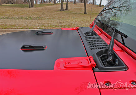 Detailed view of 2021-2026 Jeep Gladiator Sport Hood OEM Factory Style Hood Blackout Vinyl Decal Graphic Stripes